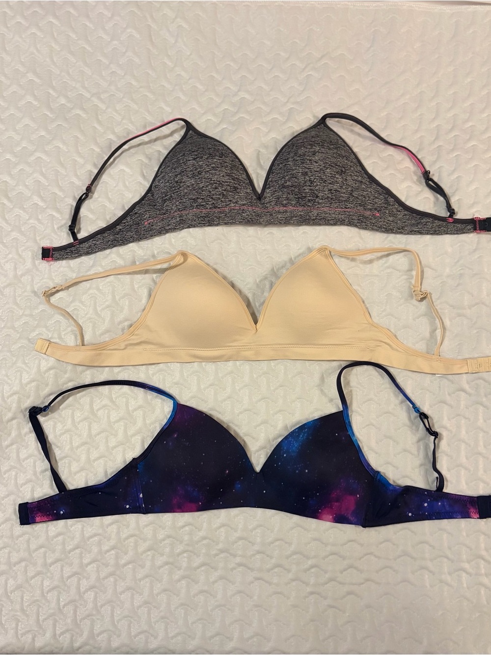 SO 3-Pack Wireless Triangle Bras - Gray, Beige, Galaxy